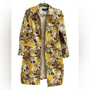 KASPER Yellow and Brown Floral Coat Open Front Long Blazer Size 14 Petite